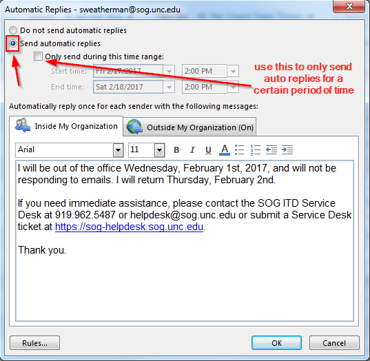 Setting Up Email Automatic Replies Out Of Office Message Information Technology Division