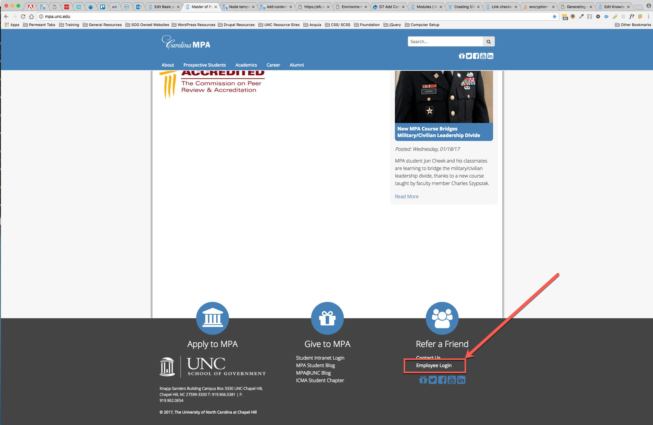 Displays the employee login link at the bottom the MPA site.
